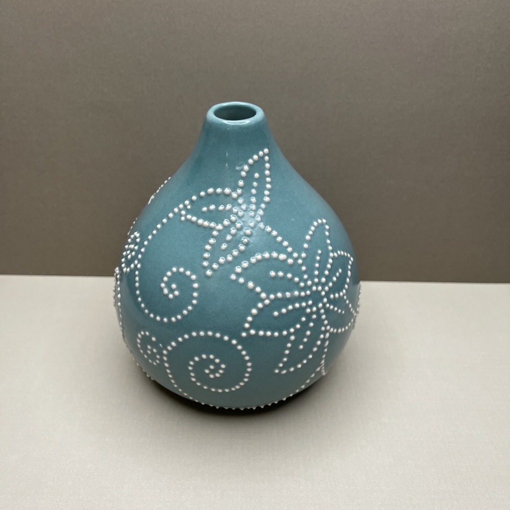 Crate & Barrel Flower Bud Vase Aqua Blue Stitch Pattern Turquoise Decor